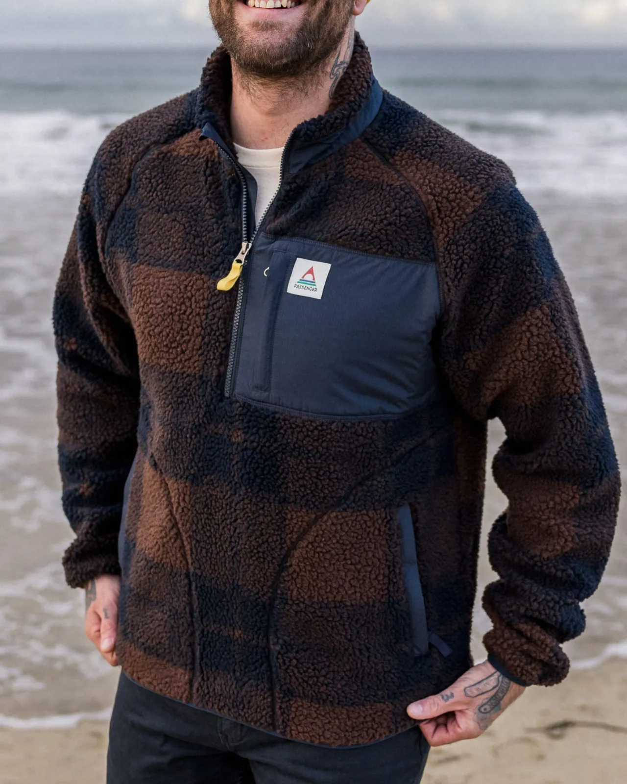 New Offroad Recycelter Sherpa-Fleece mit halbem Reißverschluss - Kastanie/Tiefes Marineblau Karo Herren Fleece | Fleece