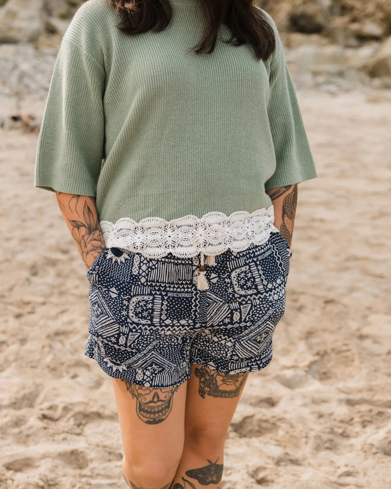 Shop Santosa Gewebte Shorts - Vintage Patchwork Marineblau Damen Kurze Hosen